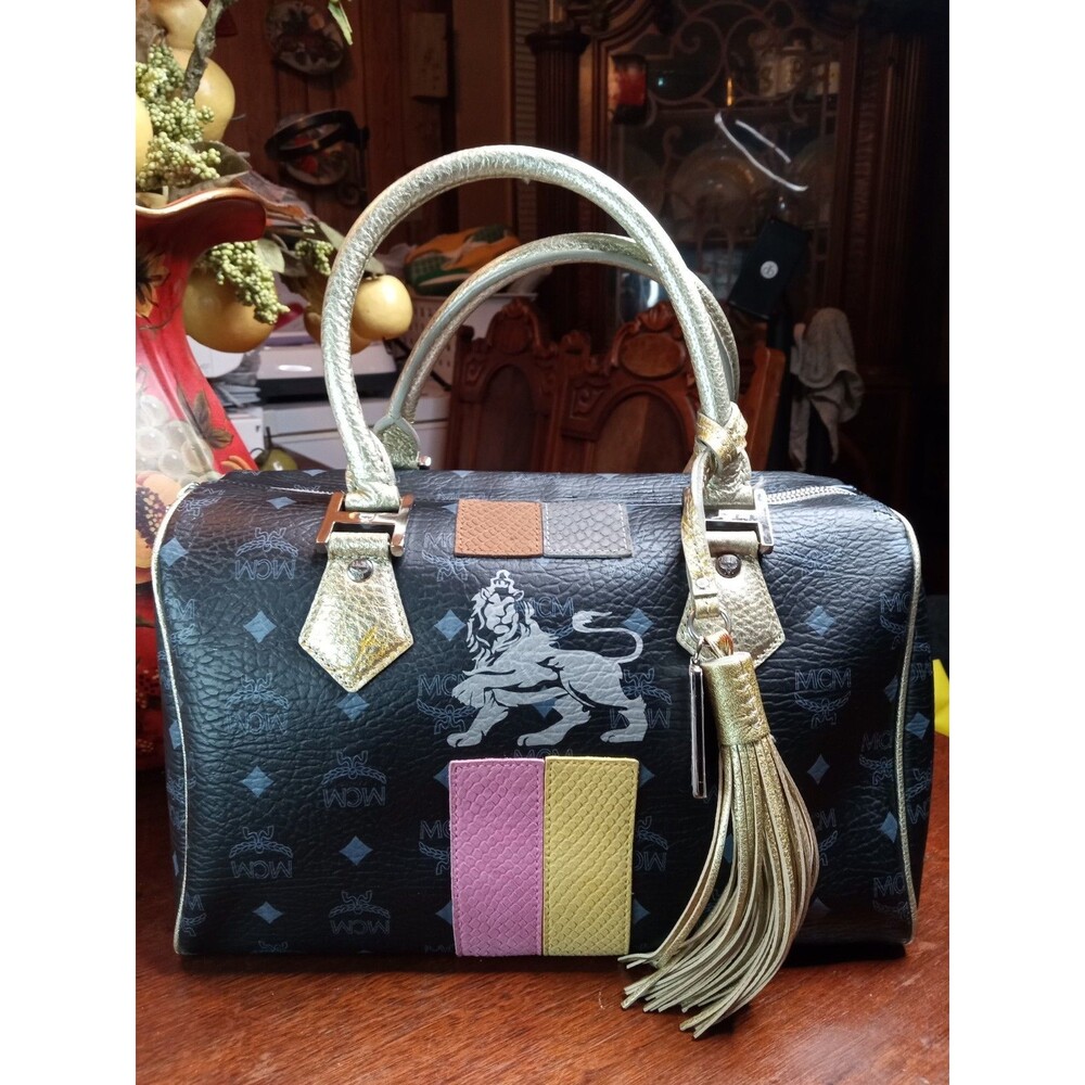 MCM AUTHENTIC U2184 Princess Lion Boston Vicetos Logogram Handbag PVC Black